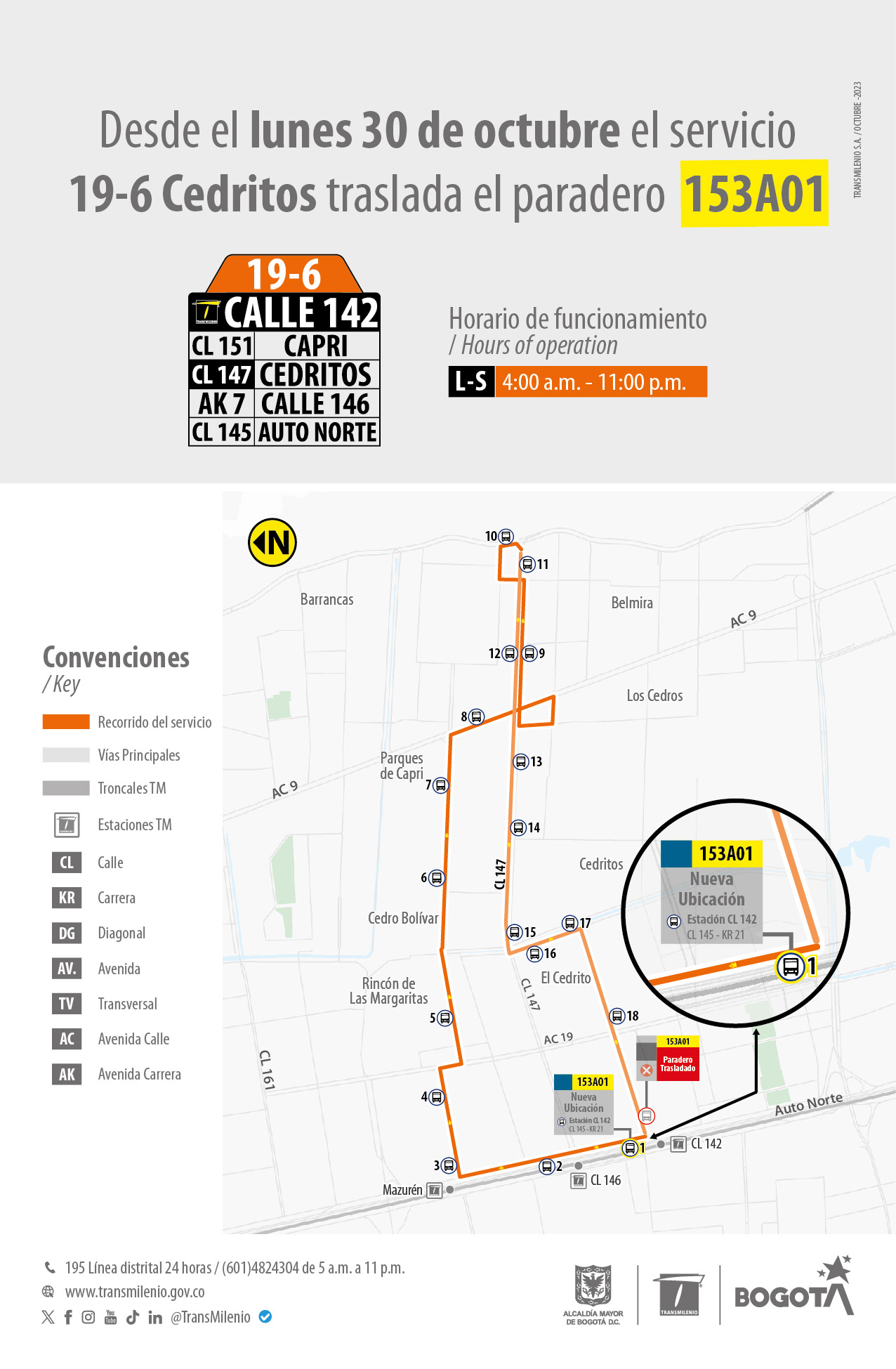 Desde el 30 de octubre, se traslada el paradero 153A01 del servicio 19-6 Cedritos