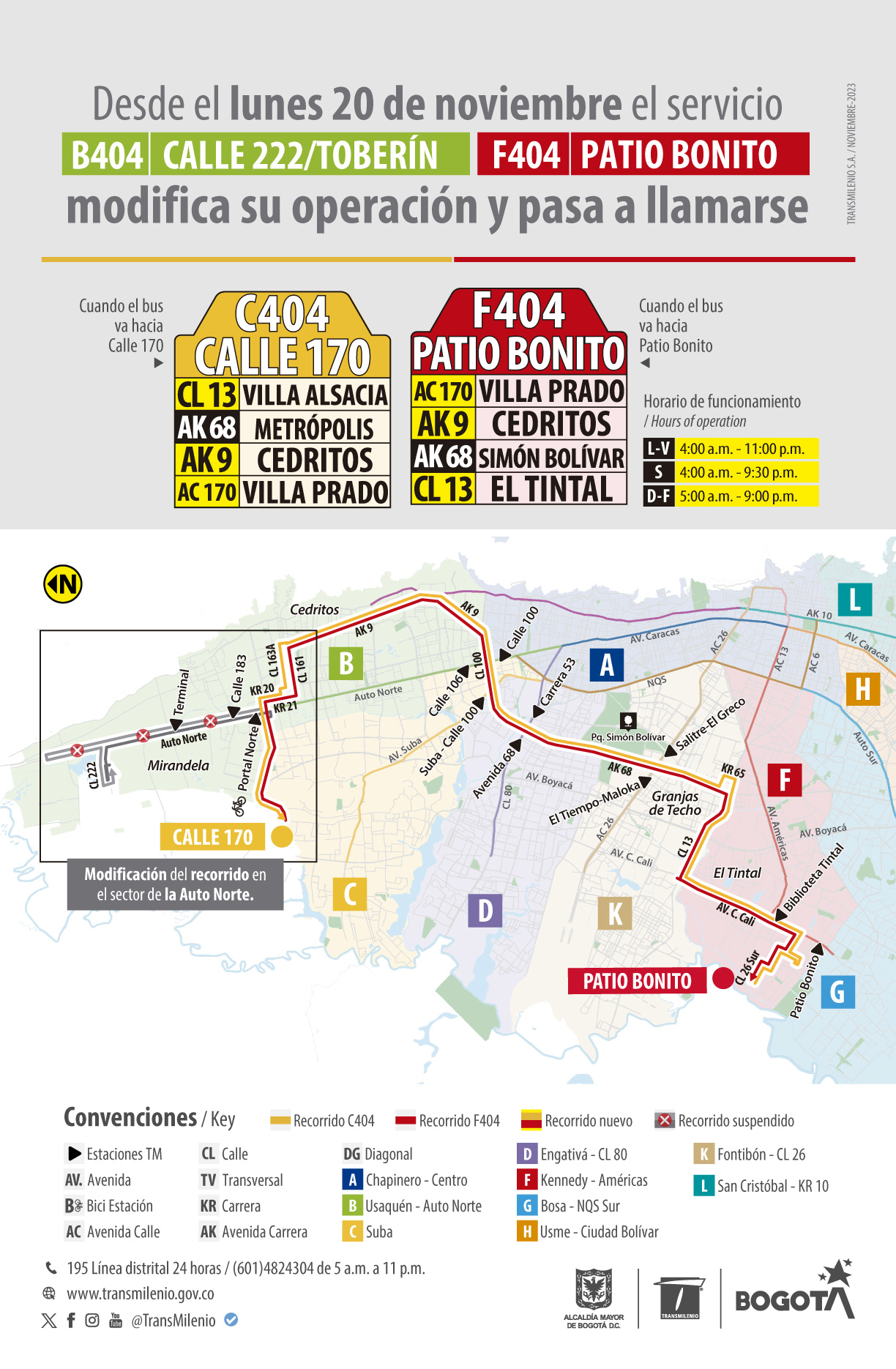 Ruta B404 Calle 222 - Toberín - F404 Patio Bonito modifica su operación