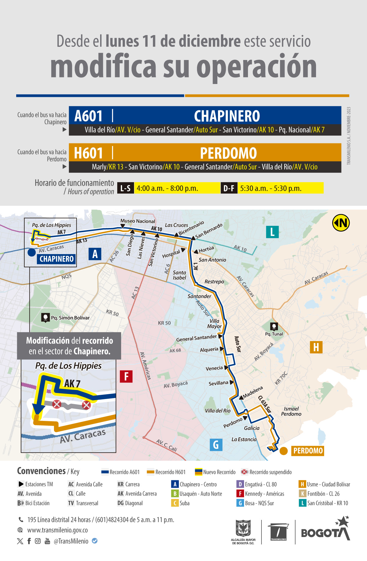 Servicio A601 Chapinero - H601 Perdomo modifica su operación