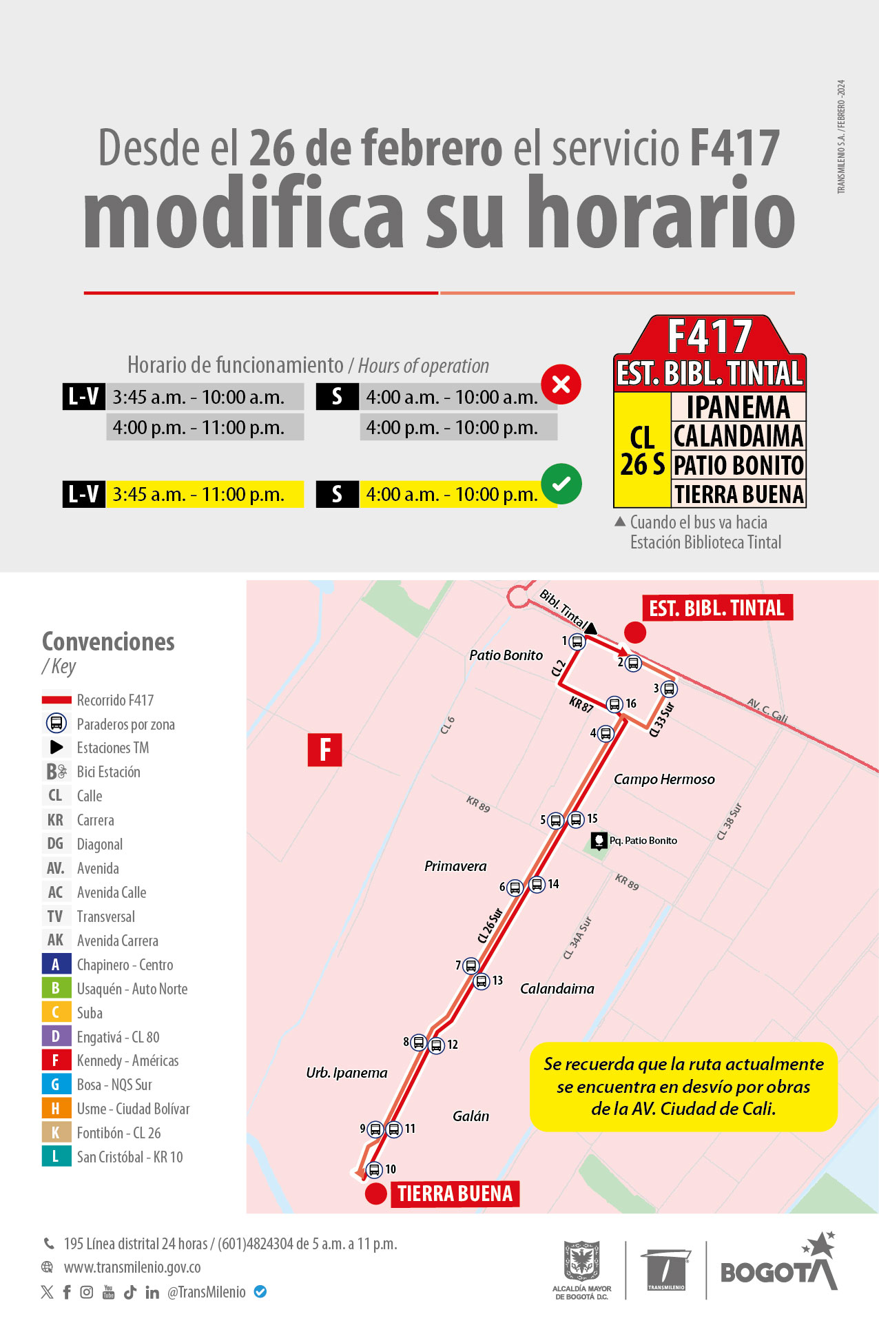 Servicio zonal F417 modifica su horario