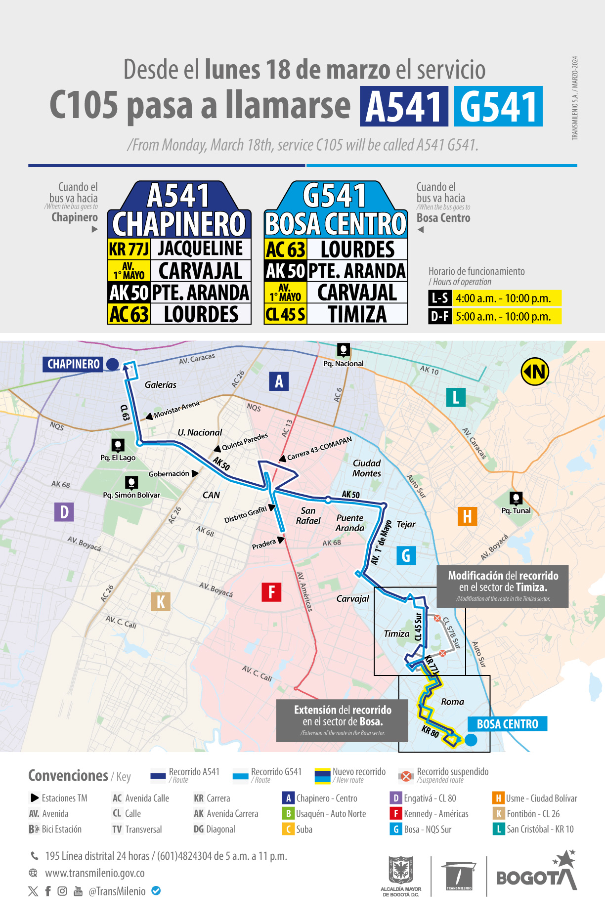 Servicio zonal C105 cambia de nombre y extiende su recorrido hasta Bosa Centro