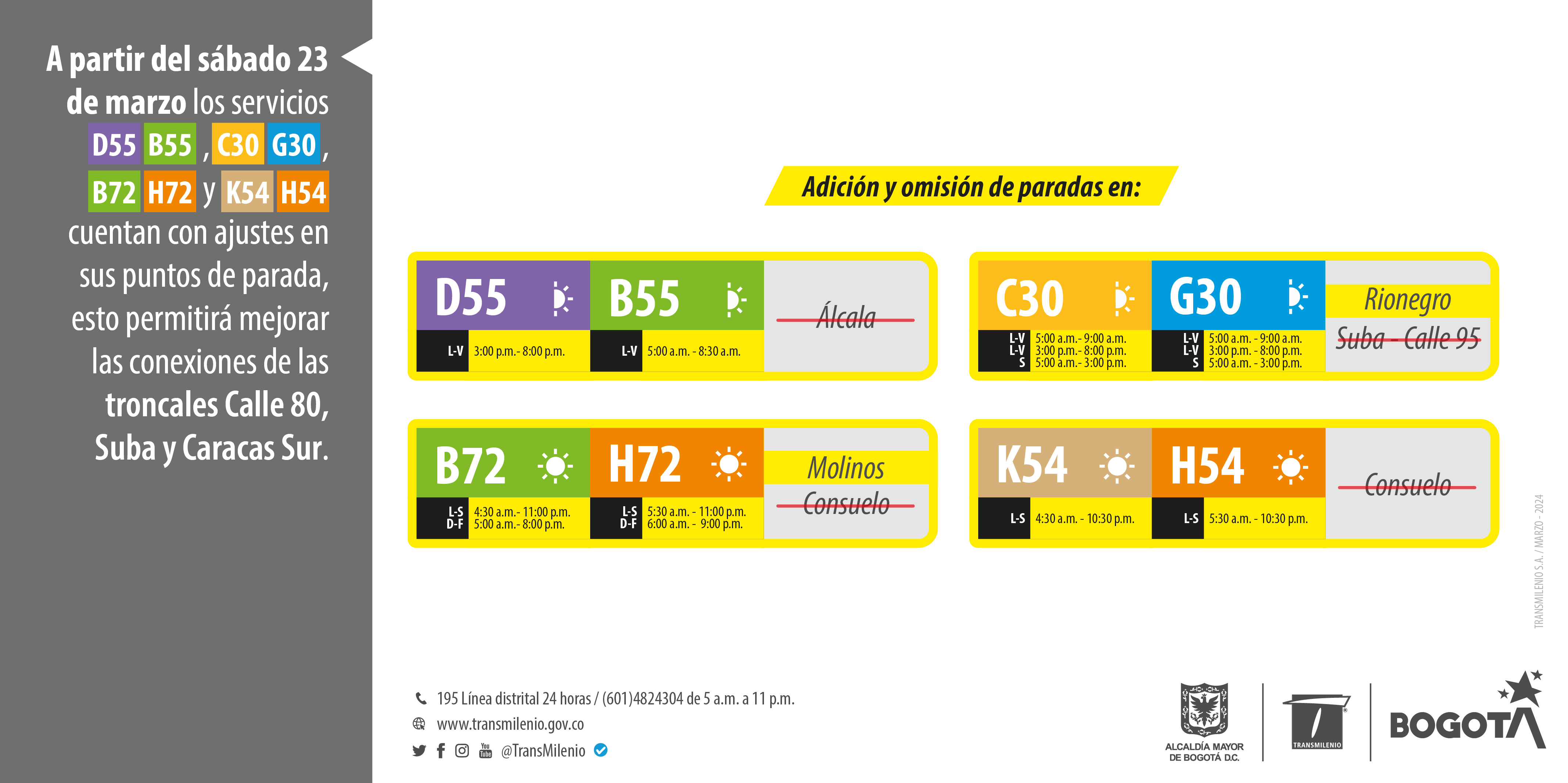 Servicios troncales D55-B55, C30-G30, B72-H72 y K54-H54 modifican su operación