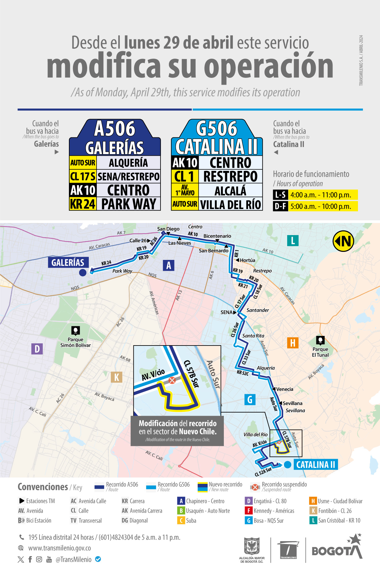 Mapa de las rutas A506 Galerías  - G506 Catalina II modifican su recorrido en el sector del Nuevo Chile