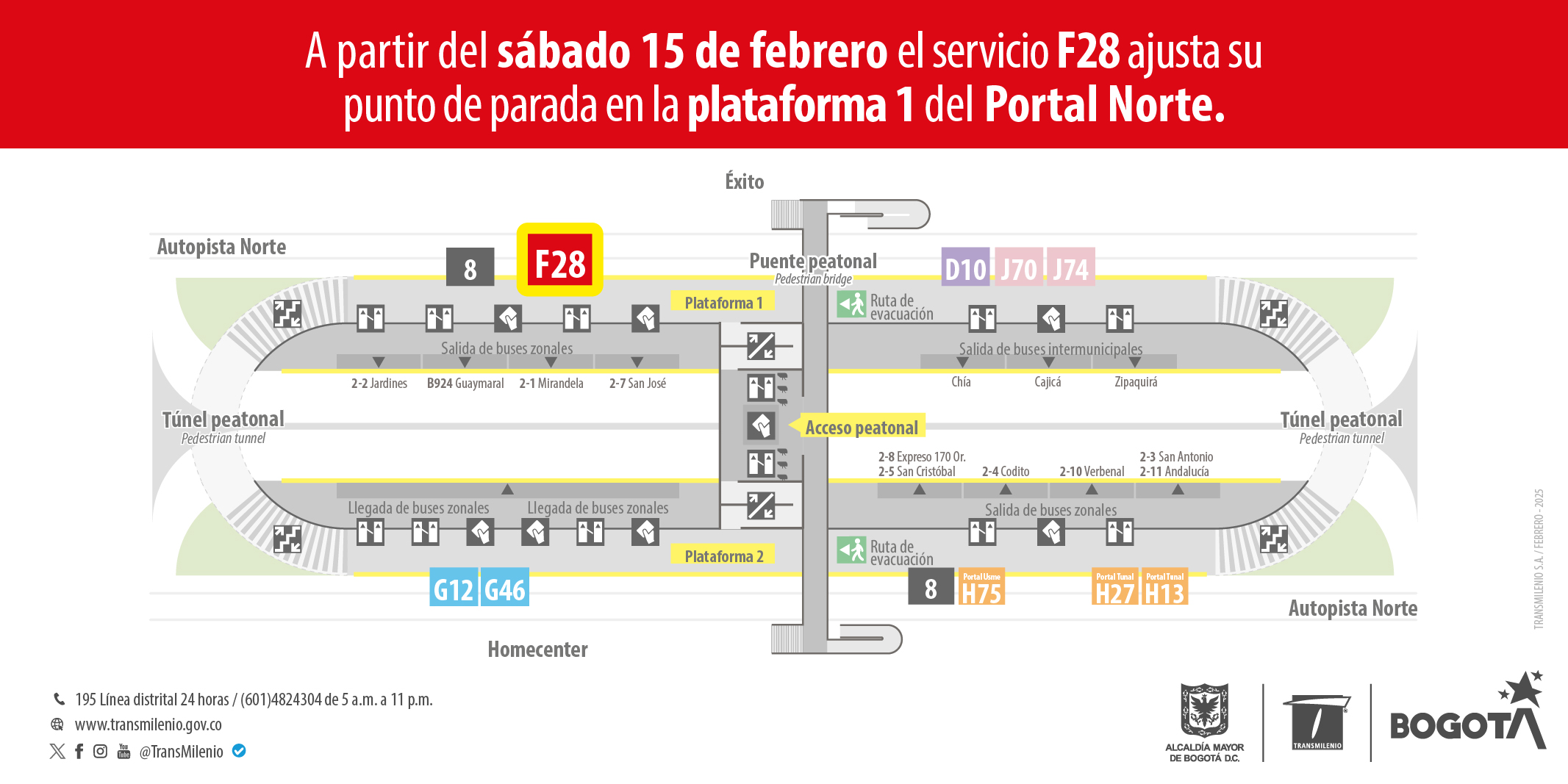 La nueva parada de la ruta F28 es en la plataforma 1 en el portal Norte La nueva parada de la ruta F28 es en la plataforma 1 en el portal Norte