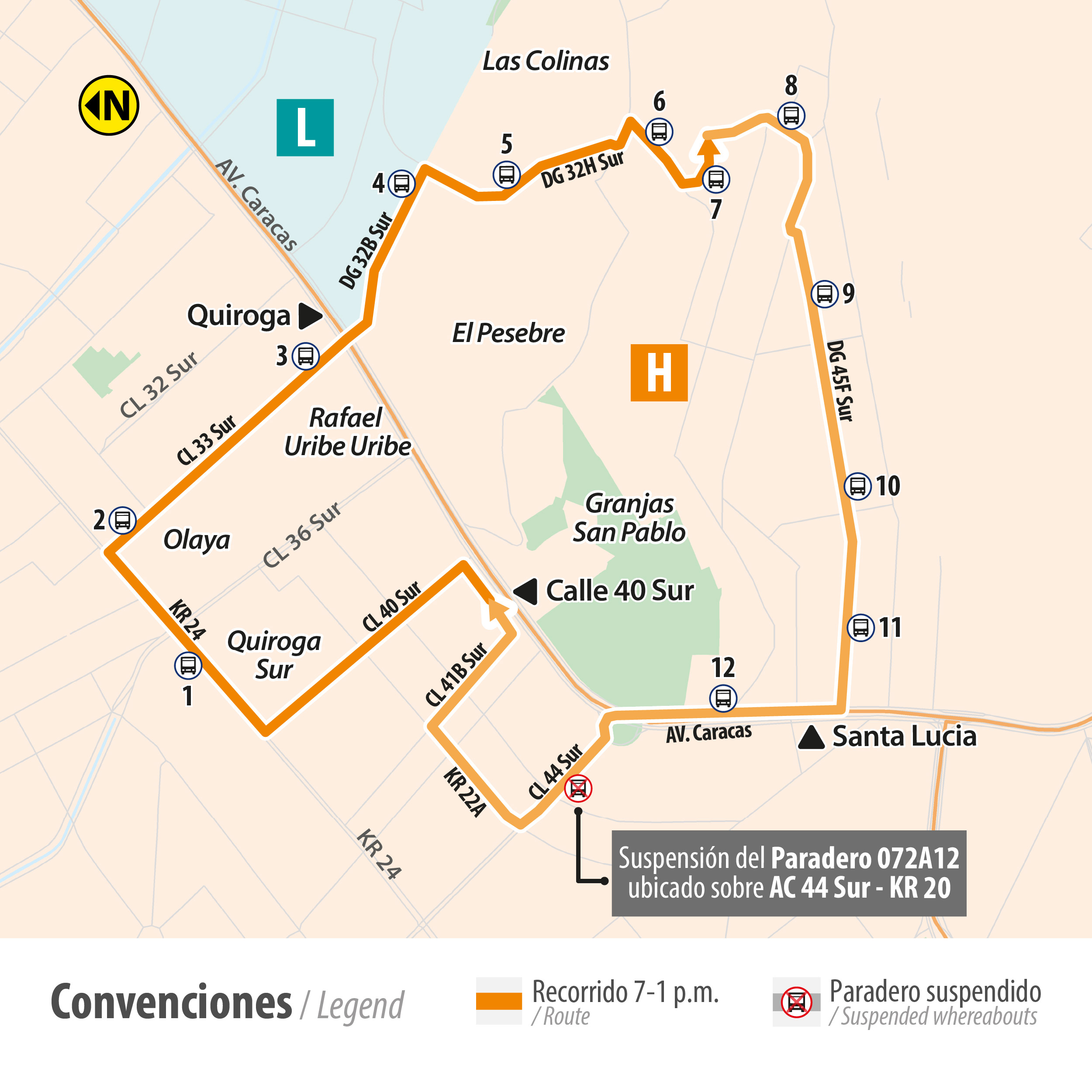 Recorrido de la ruta 7-1 presenta novedad en la calle 44 Sur en el paradero 072A 12, omitiendo su parada