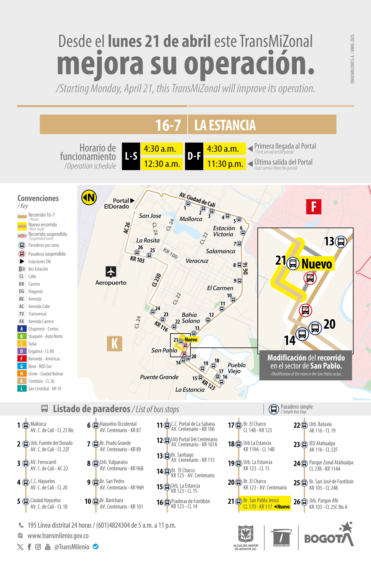Desde el 21 de abril de 2025, el servicio 16-7 La estancia tiene un nuevo paradero en el sector de San Pablo, La ubicación es en la Calle 17D - Carrera 117 y se denomina Barrio San Pablo Jericó.