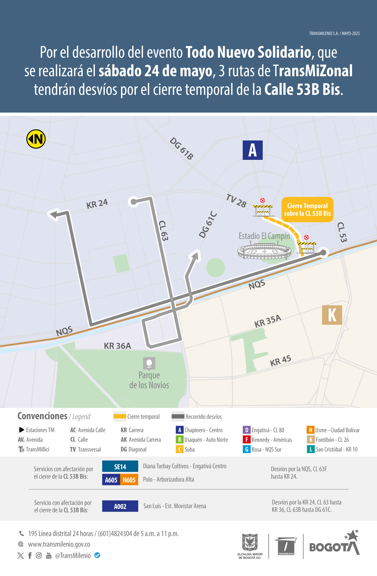 Comunidad Usuaria se informa que el sábado 24 de mayo, las rutas TransMiZonal SE14, A605, H605 y A002 tienen desvíos en la calle 53B Bis, el recorrido alterno es de la siguiente manera Comunidad Usuaria se informa que el sábado 24 de mayo, las rutas TransMiZonal SE14, A605, H605 y A002 tienen desvíos en la calle 53B Bis, el recorrido alterno es de la siguiente manera
