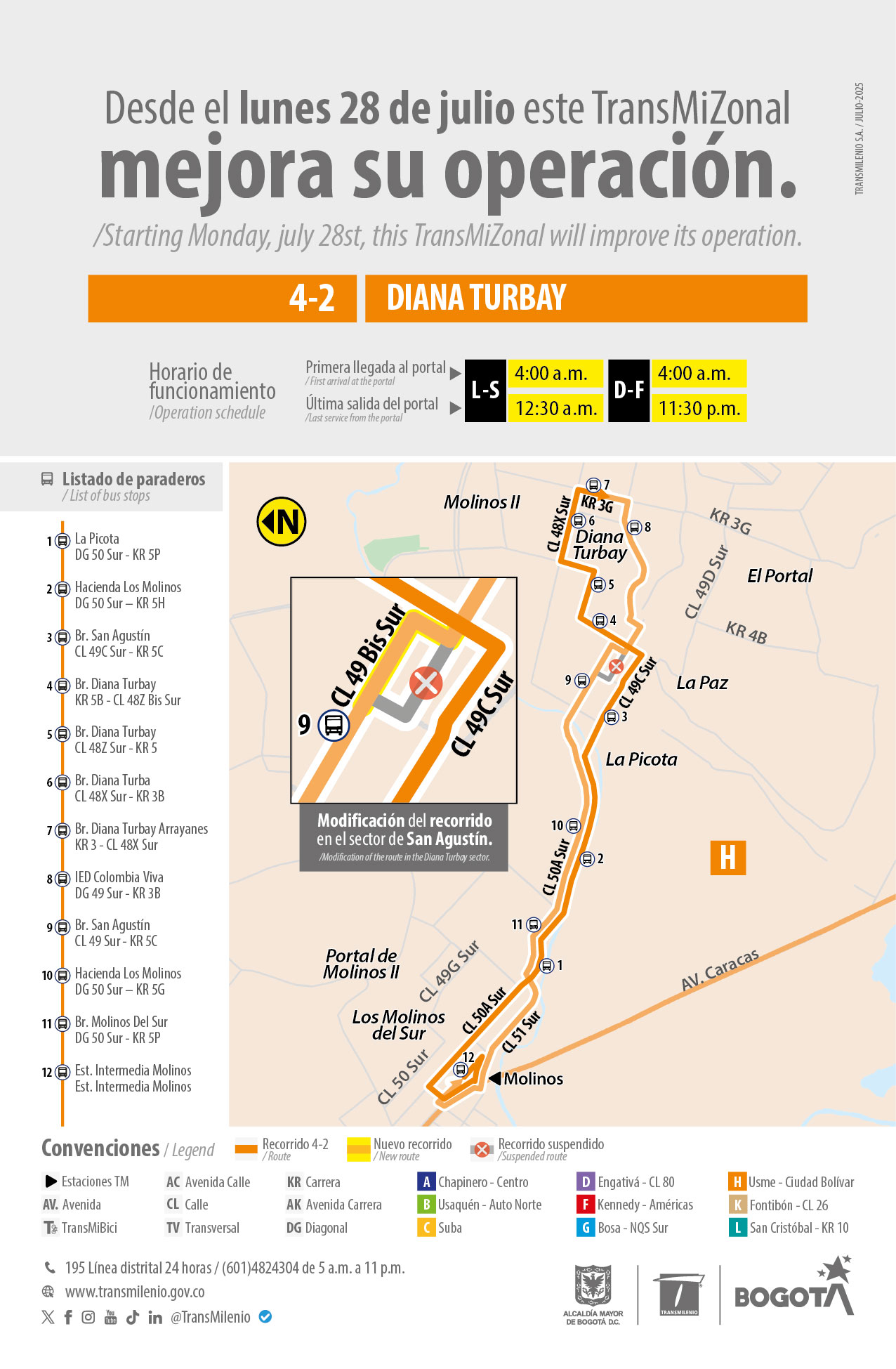Servicio 4-2 Diana Turbay modifica su operación en el sector de San Agustín Servicio 4-2 Diana Turbay modifica su operación en el sector de San Agustín