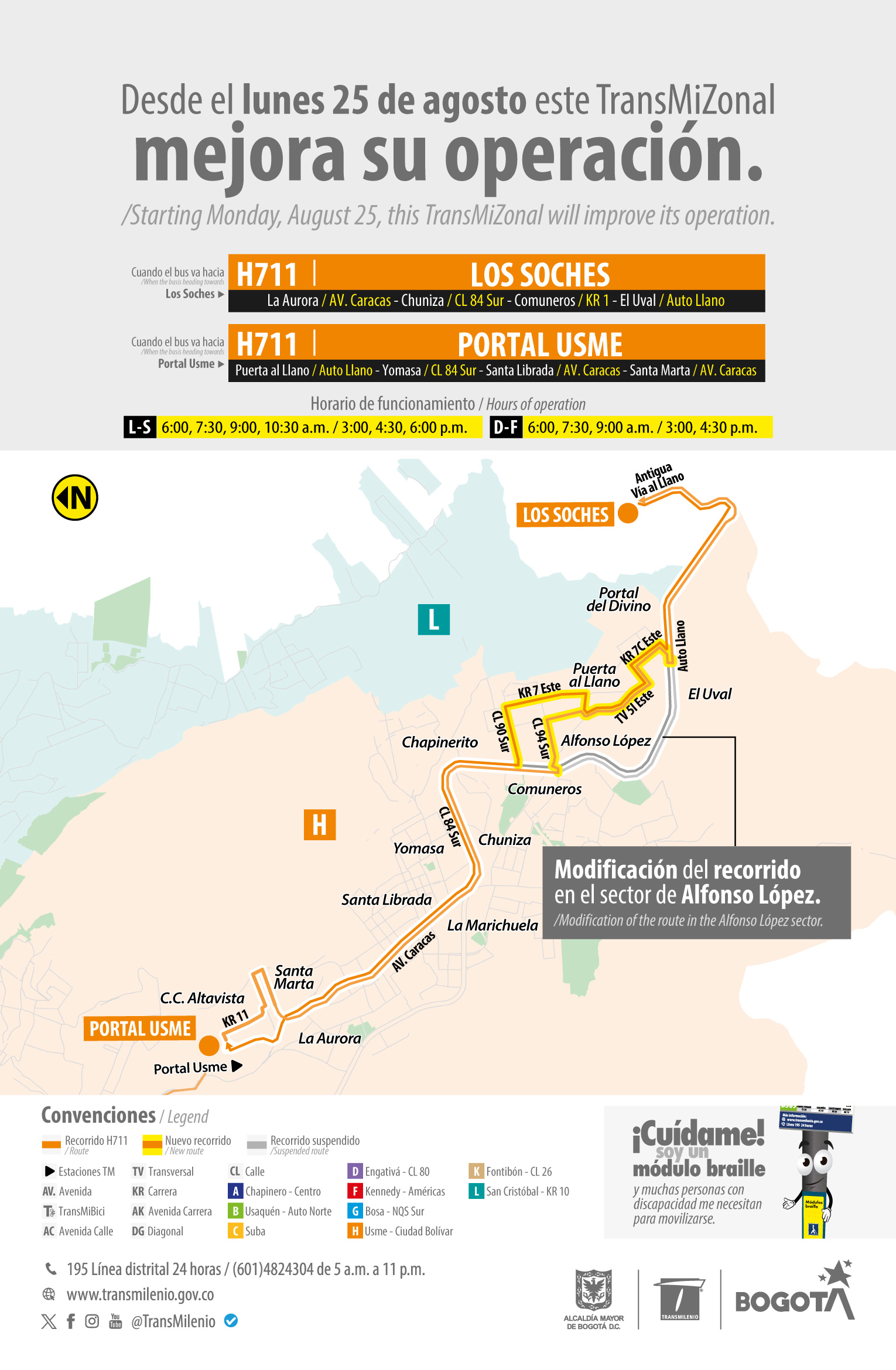 Servicio TransMiZonal H711 Los Soches - Portal Usme modifica su operación