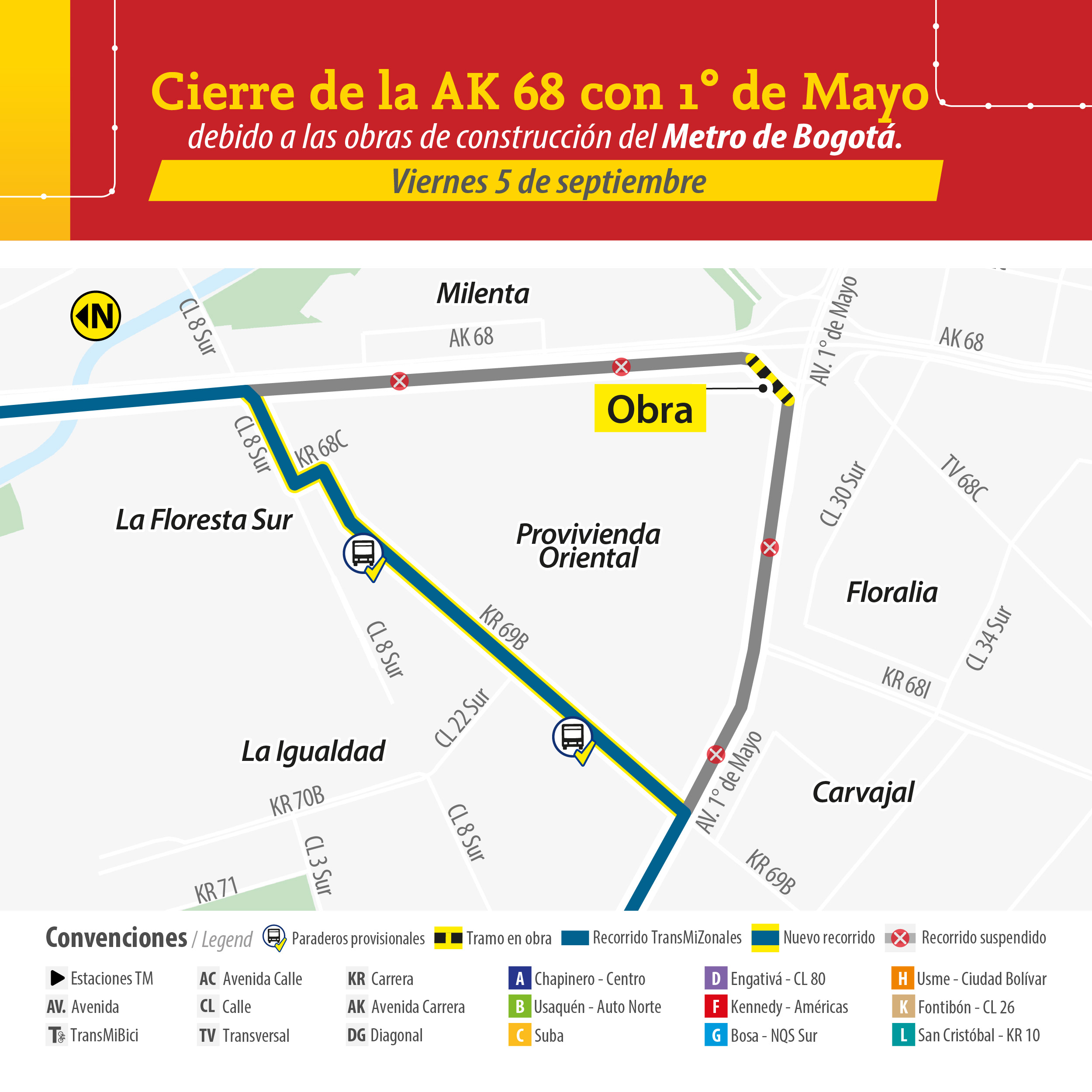 Novedades en 9 rutas TransMiZonal por cierre en la carrera 68 con avenida 1 de Mayo por obras Metro