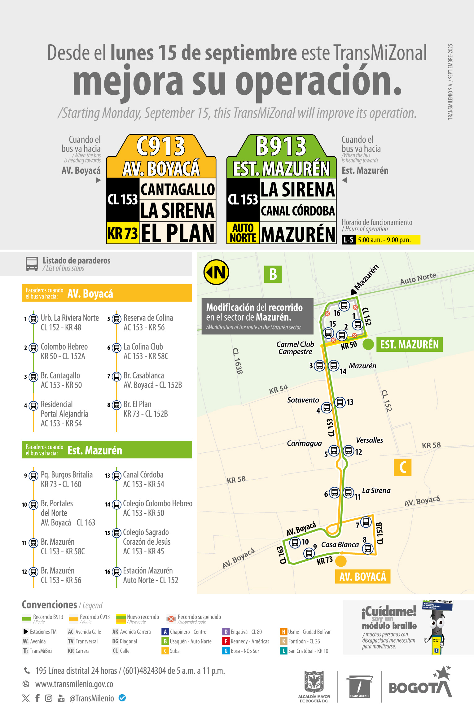 Servicio TransMiZonal C913 - B913 modifica su recorrido en Mazurén