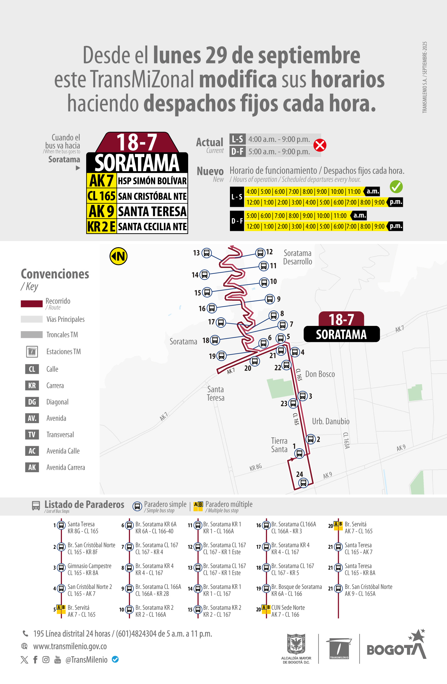 servicio 18-7 Soratama modifca sus horarios haciendo despachos fijos cada hora de lunes a sábado de 4:00 a.m. a 9:00 p.m. y los domingos y festivos de 5:00 a.m. a 9:00 p.m. servicio 18-7 Soratama modifca sus horarios haciendo despachos fijos cada hora de lunes a sábado de 4:00 a.m. a 9:00 p.m. y los domingos y festivos de 5:00 a.m. a 9:00 p.m.