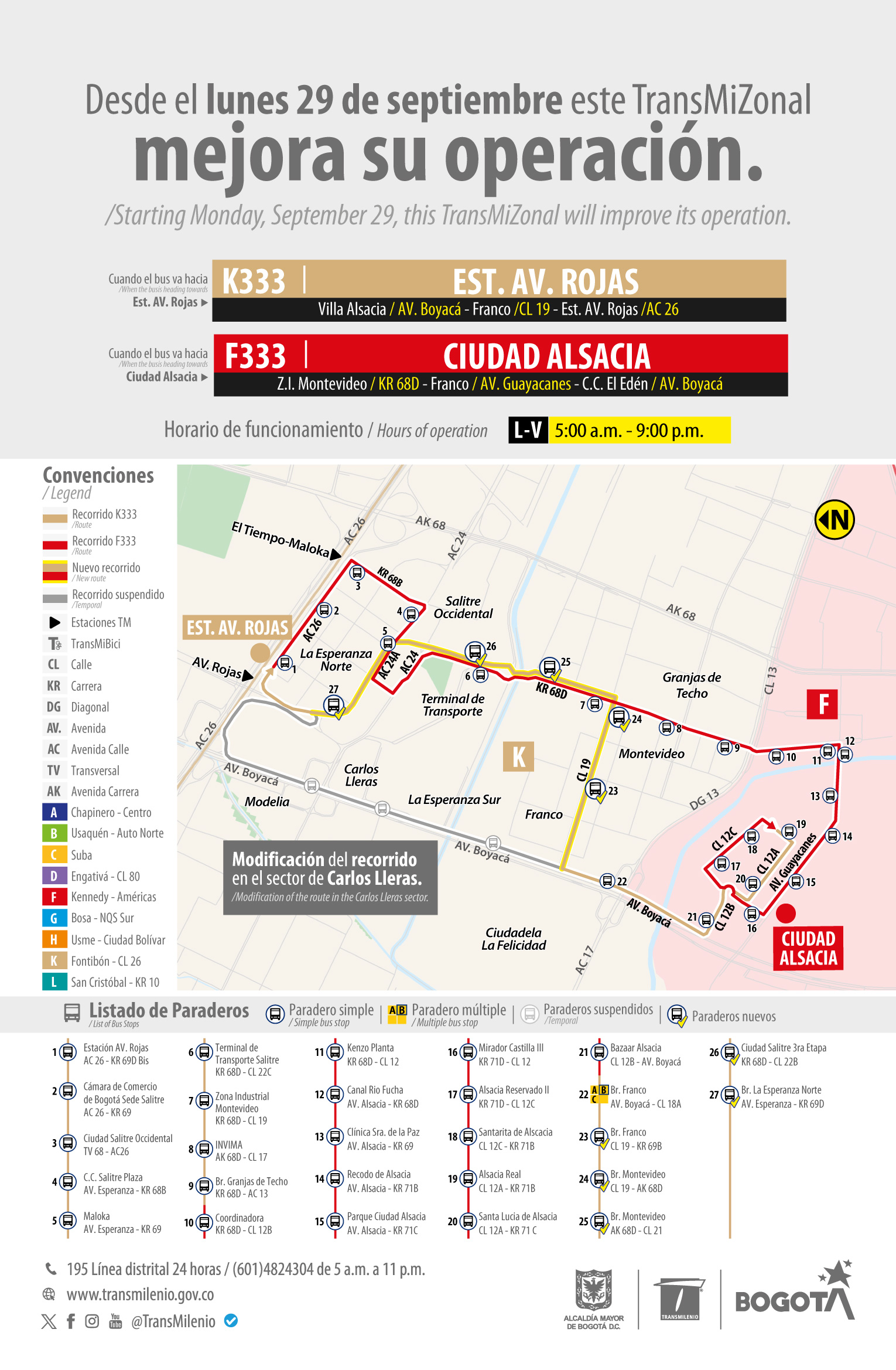Servicio TransMiZonal K333 - F333 modifica su recorrido en el sector de Carlos Lleras