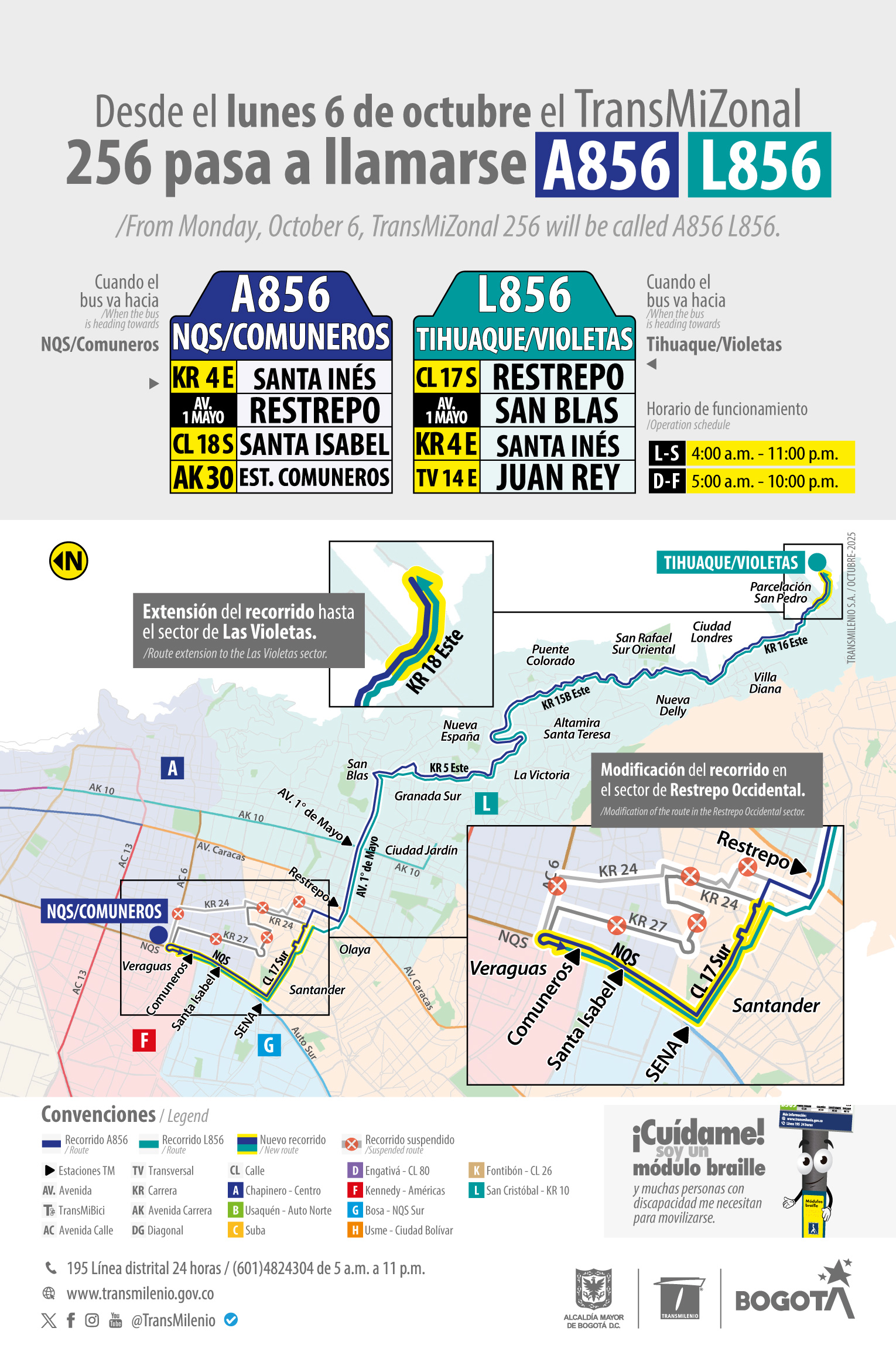El servicio TranMiZonal 256 cambia de nombre y pasa a llamarse A856 NQS/Comuneros - L856 Tihuaque/Violetas El servicio TranMiZonal 256 cambia de nombre y pasa a llamarse A856 NQS/Comuneros - L856 Tihuaque/Violetas