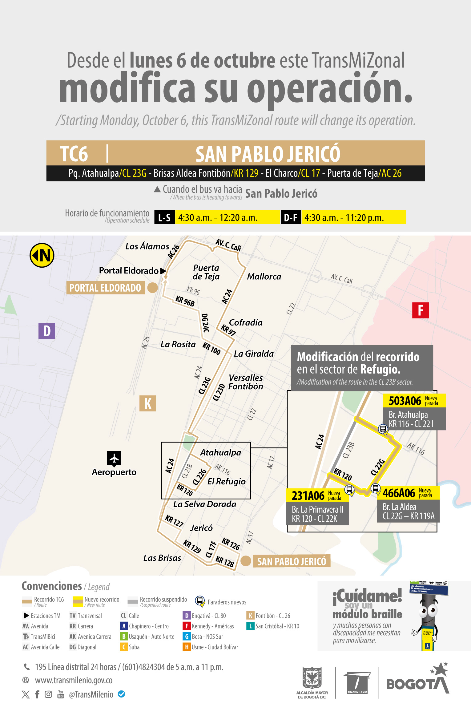  El servicio TC6 San Pablo Jericó, modifica su recorrido en el sector del Refugio en Fontibón