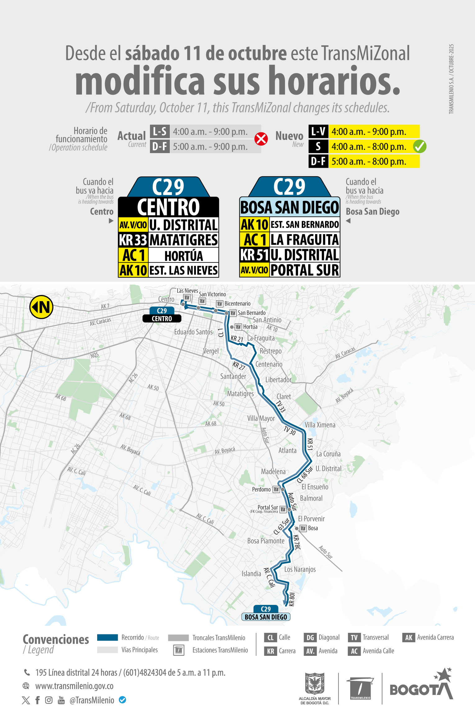 Cambio de horario en el servicio TransMiZonal C29 Centro - Bosa San Diego Cambio de horario en el servicio TransMiZonal C29 Centro - Bosa San Diego