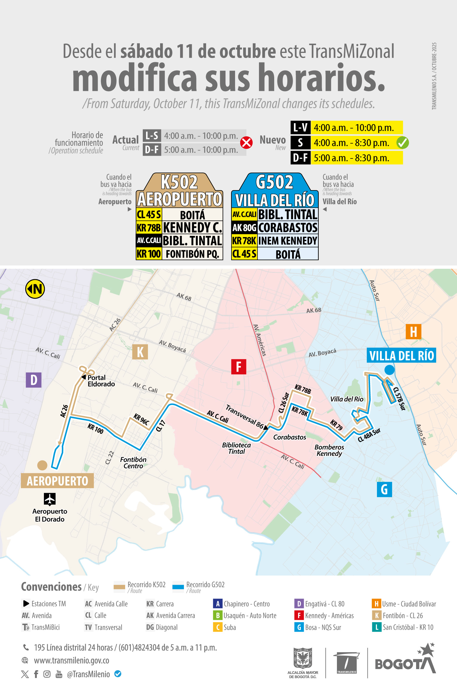Cambio de horario en el servicio TransMiZonal K502 Aeropuerto - G502 Villa del Río Cambio de horario en el servicio TransMiZonal K502 Aeropuerto - G502 Villa del Río