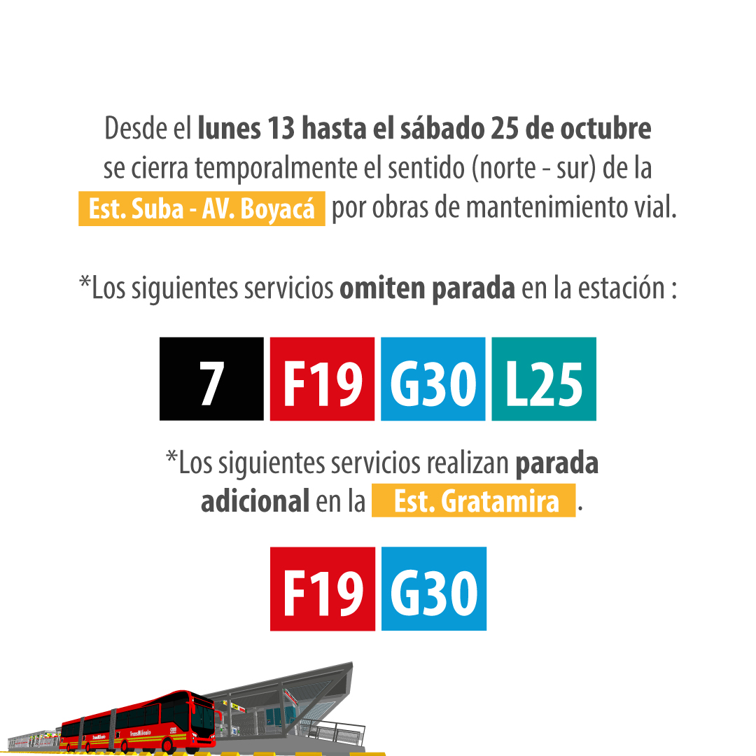 A partir del lunes festivo 13 de octubre y hasta el sábado 25 del mismo mes, la estación Suba Av. Boyacá, de la troncal Suba, estará cerrada en el sentido norte – sur