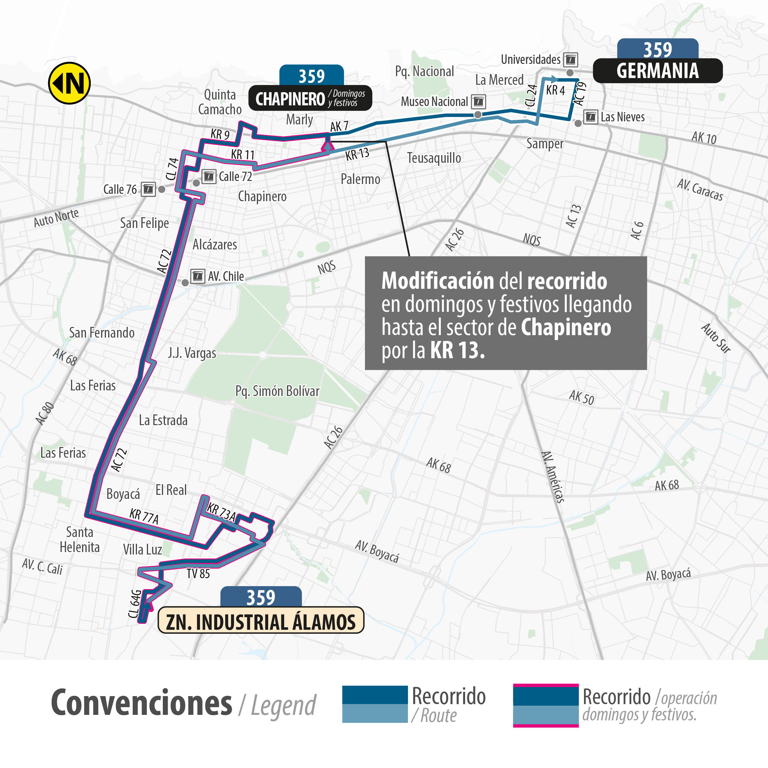 el servicio TransMiZonal 359 Germania - Chapinero - Zona Industrial Álamos, modifica su recorrido los domingos y festivos El servicio TransMiZonal 359 Germania - Chapinero - Zona Industrial Álamos, modifica su recorrido los domingos y festivos