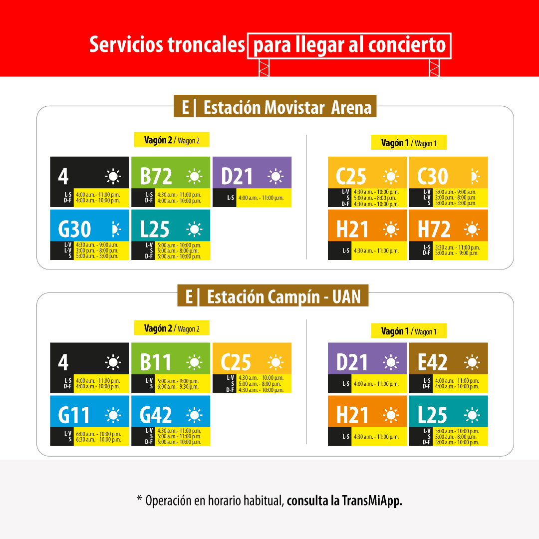 TransMi ofrece 13 servicios troncales en sus horarios habituales en las estaciones Movistar Arena y Campín – UAN, en la troncal NQS Central.