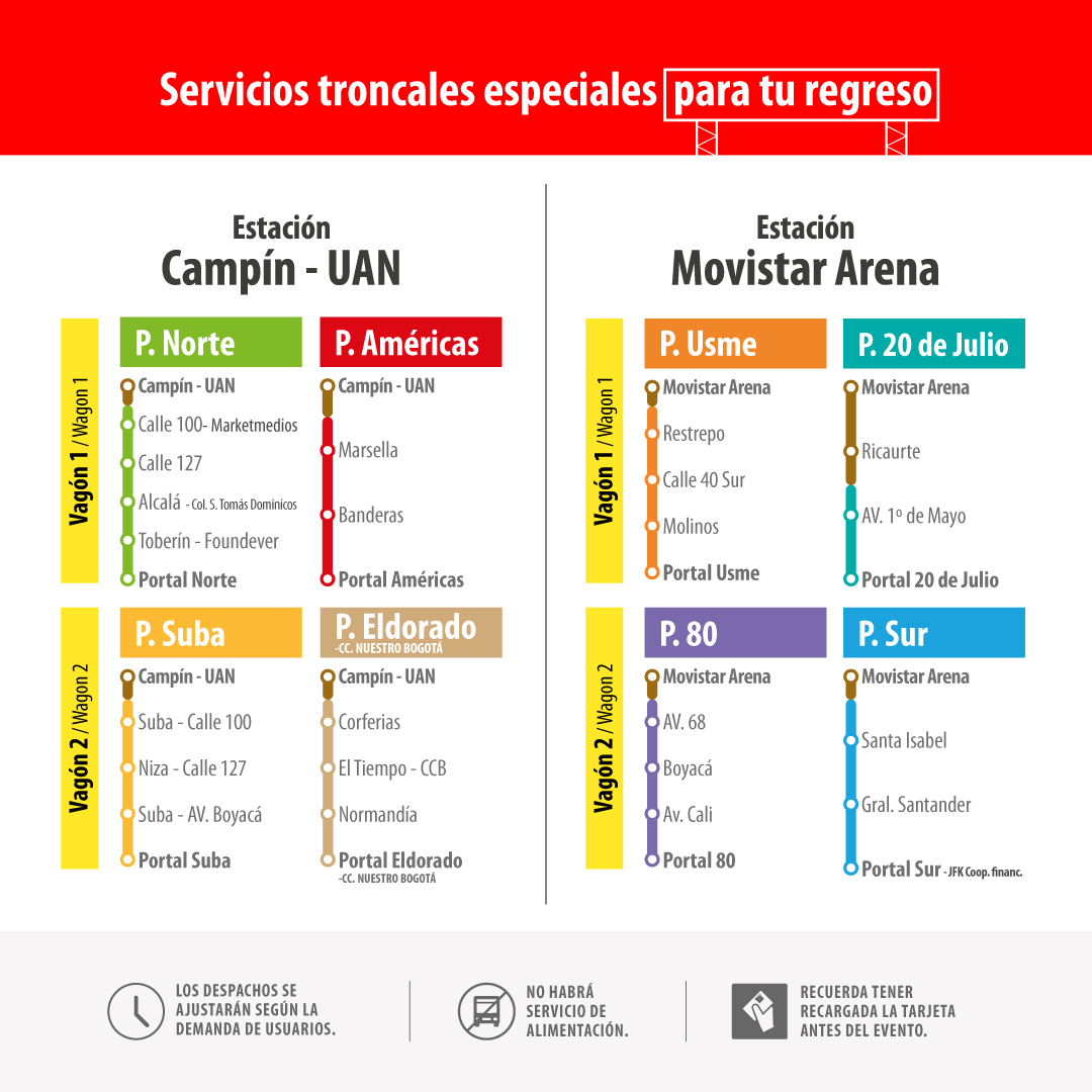 TransMi habilitó el servicio en las estaciones Movistar Arena y Campín – UAN con rutas con destino hacia los portales de la 80, Sur, Usme, 20 de Julio, Suba, Eldorado, Norte y Américas. Los despachos de estos servicios se ajustarán según la demanda de usuarios. El servicio de alimentación no tendrá ampliación de horario.