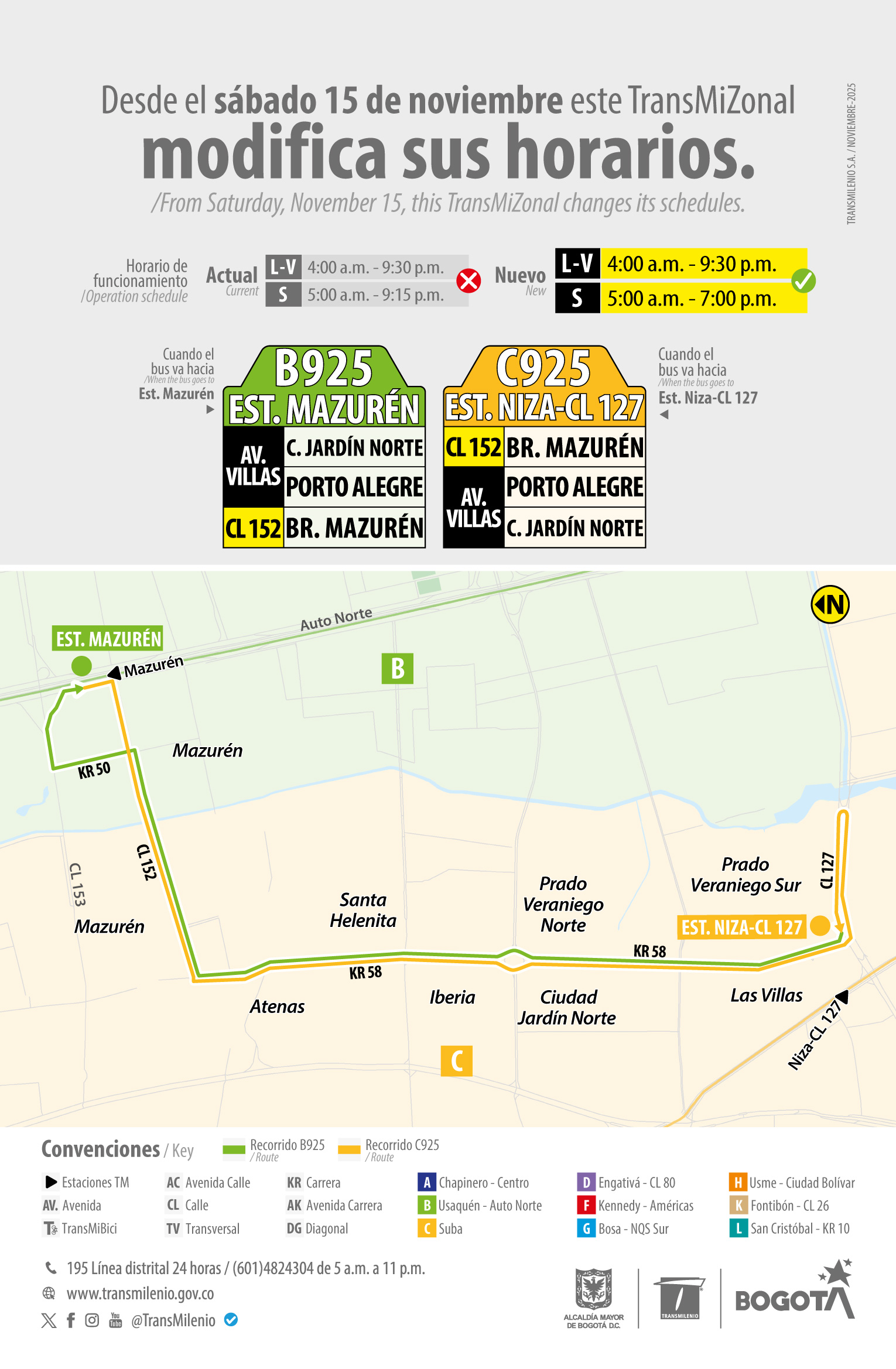 Servicio TransMiZonal B925 Estación Mazurén - C925 Estación Niza - Calle 127 modifica su horario de funcionamiento