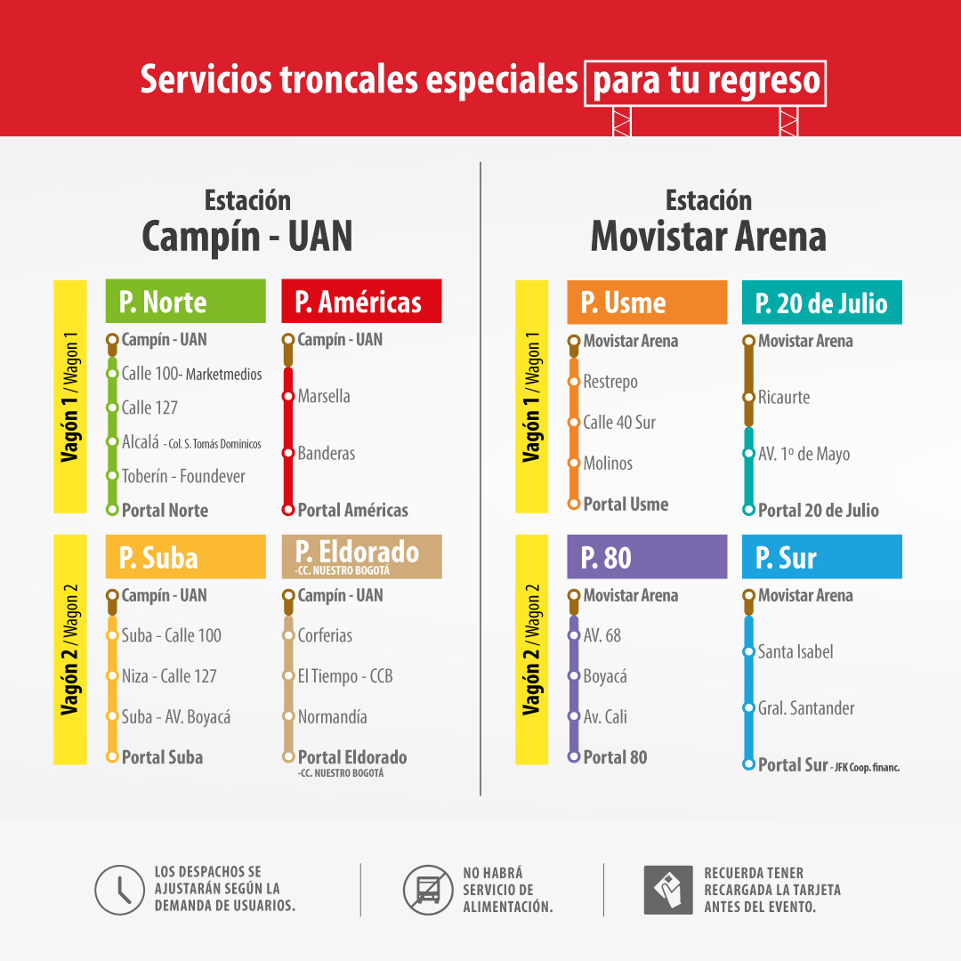TransMi habilitó el servicio en las estaciones Movistar Arena y Campín – UAN con rutas con destino hacia los portales de la 80, Sur, Usme, 20 de Julio, Suba, Eldorado, Norte y Américas. Los despachos de estos servicios se ajustarán según la demanda de usuarios