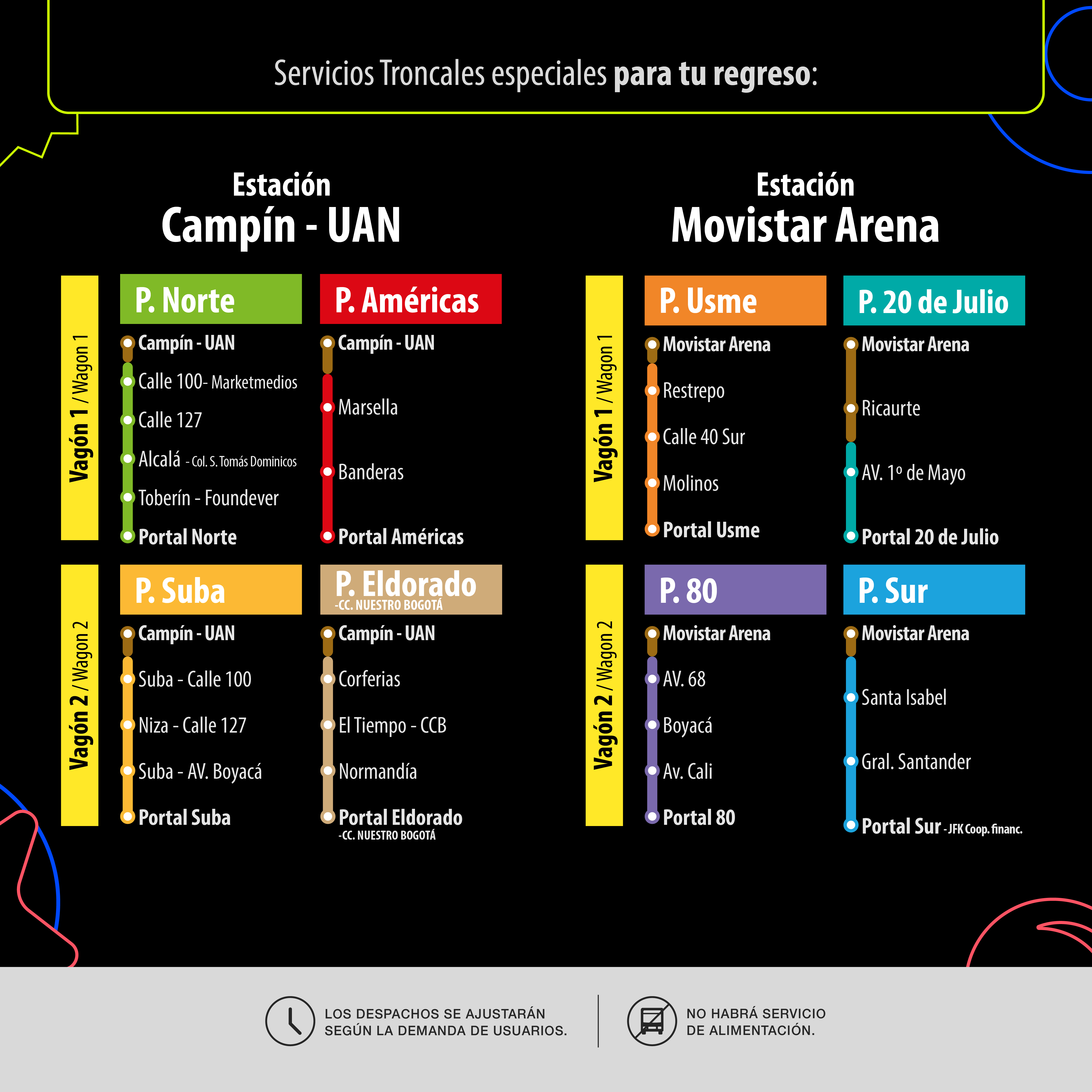 TransMi habilitó el servicio en las estaciones Movistar Arena y Campín – UAN con rutas con destino hacia los portales de la 80, Sur, Usme, 20 de Julio, Suba, Eldorado, Norte y Américas. Los despachos de estos servicios se ajustarán según la demanda de usuarios