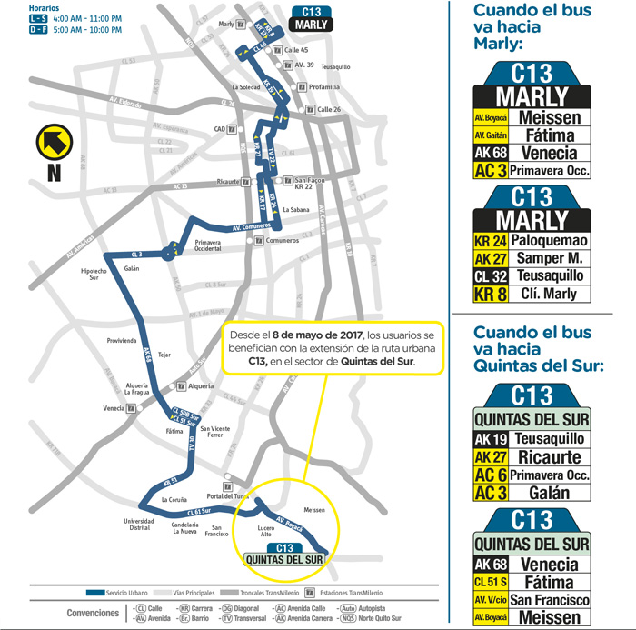 Mapa donde se muestra la extensión ruta urbana C13