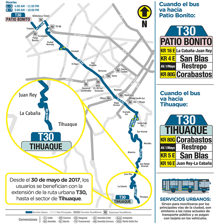 Recorrido con la extensión de la ruta urbana T30 patio bonito Tihuaque
