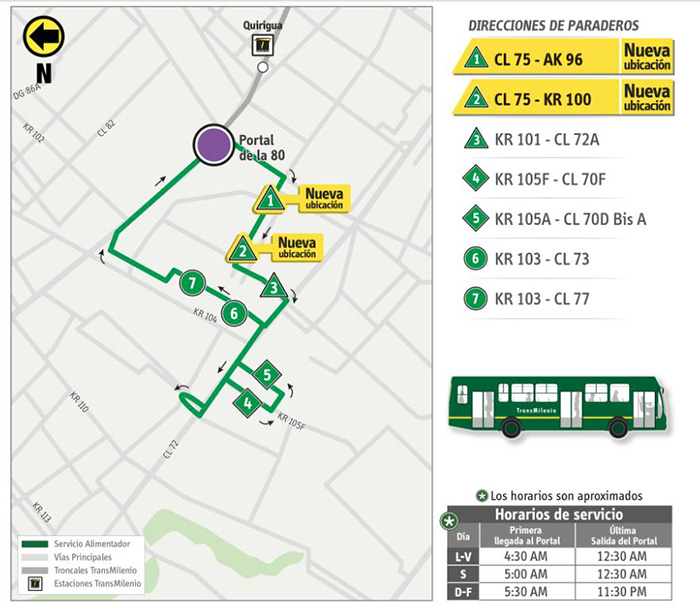Mapa donde se indica la nueva ubicación de 2 paraderos alimentador 1-1
