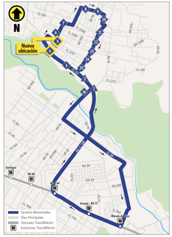 Mapa de la ruta alimentadora 5-1  con la nueva ubicación de 2 paraderos