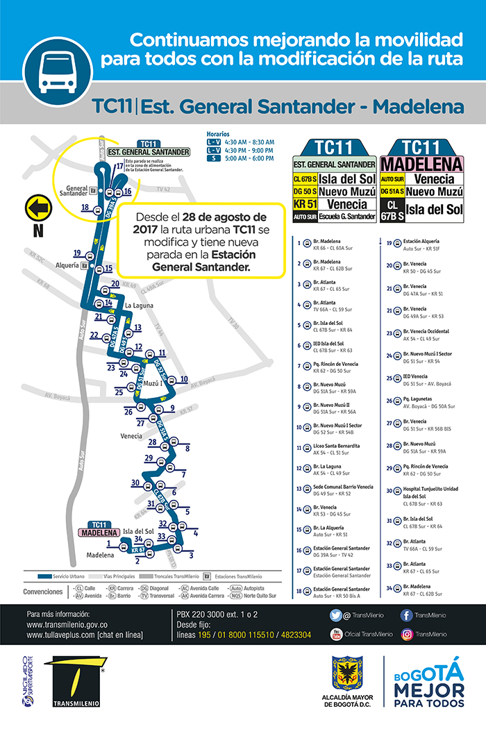 Mapa del servicio urbano TC11 con sus ajustes en sus paraderos