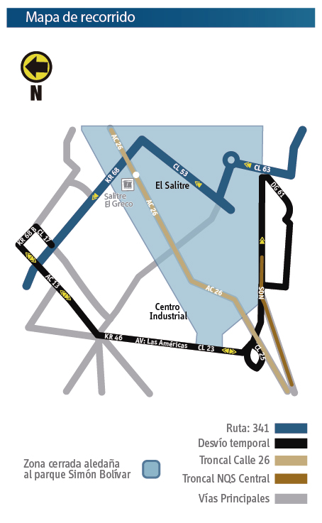 Mapa del recorrido  con sus desvíos de la Ruta 341