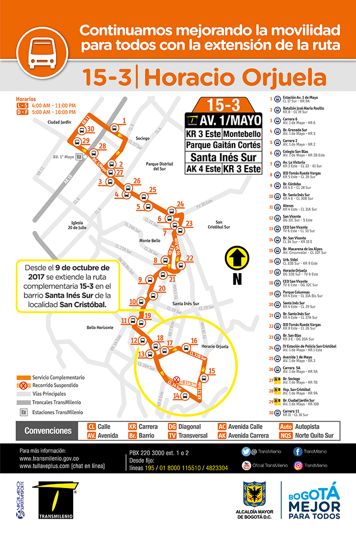 Mapa de la ruta 15-3 con la extensión  de su recorrido