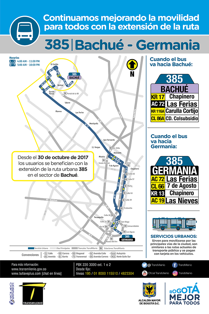 Mapa de la ruta zonal 385 con su ajuste operacional