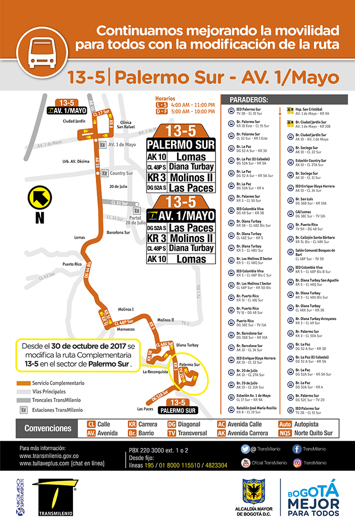Mapa de la ruta zonal 13-5 con su ajuste operacional