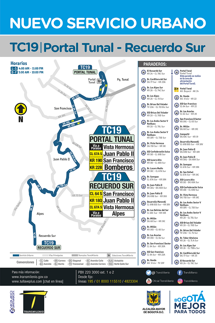 Recorrido de la ruta TC19 Portal Tunal - Recuerdo Sur