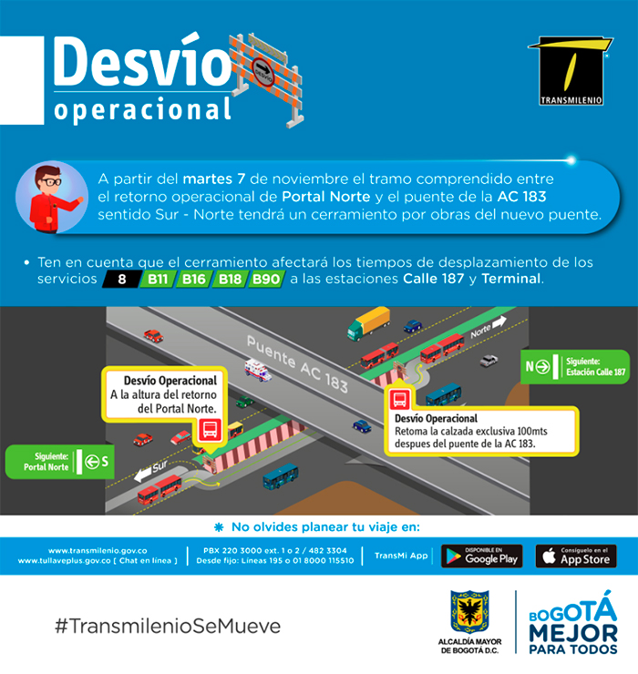 Imagen con texto desvió Operacional acompañado de una foto del puente del a calle 183