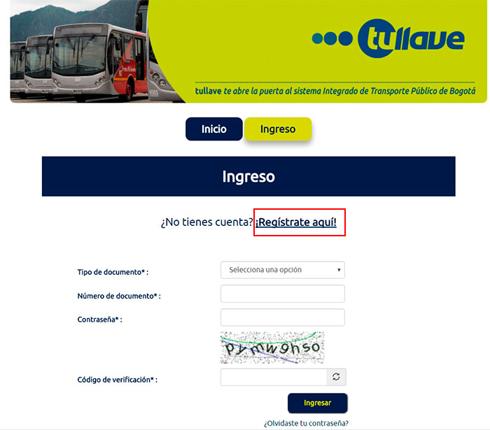 Pantalla para la opción de registrarse aquí