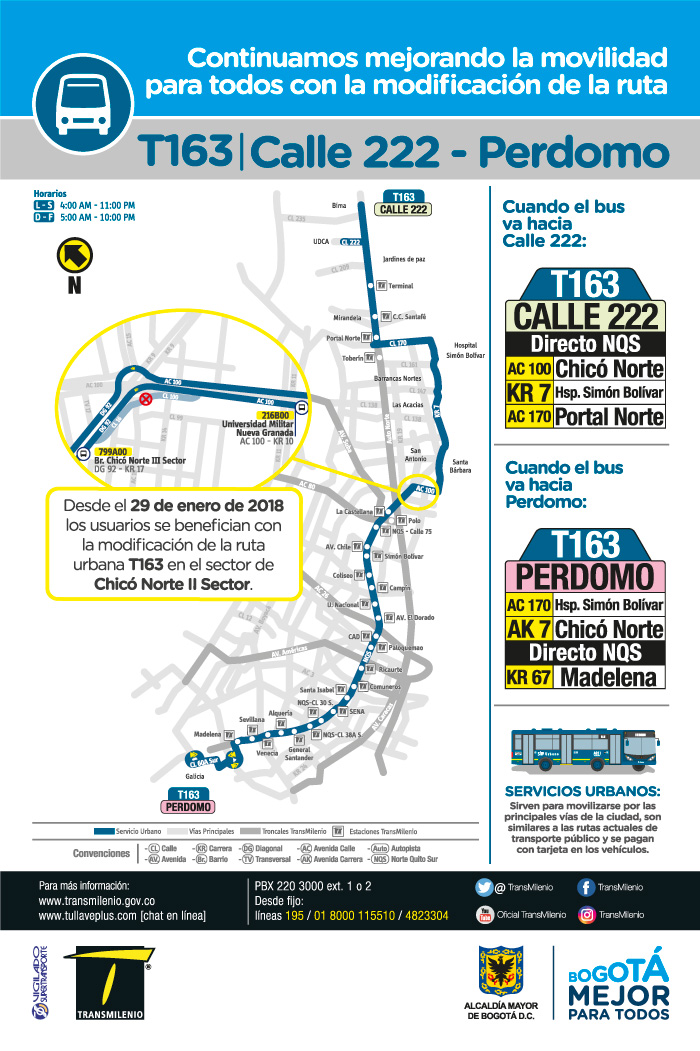 Mapa de la ruta urbana T163 con ajuste para le 29 de enero de 2018