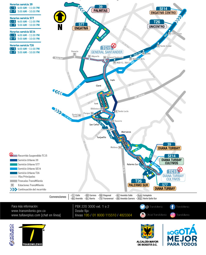 Mapa del recorrido de los servicios 39,577,SE14,T26