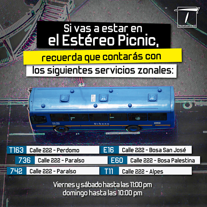 Imagen de un bus zonal por una calle de Bogotá. Rutas del Estéreo Picnic