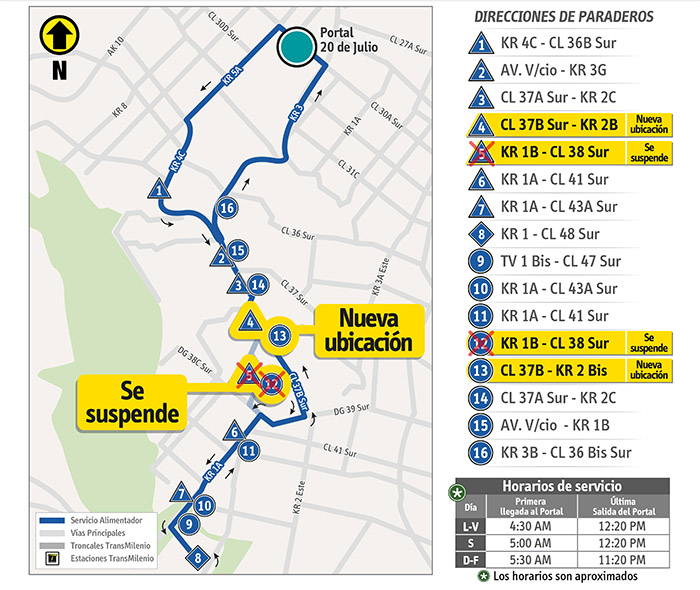 Mapa con el ajuste temporal de la ruta alimentadora 13-7