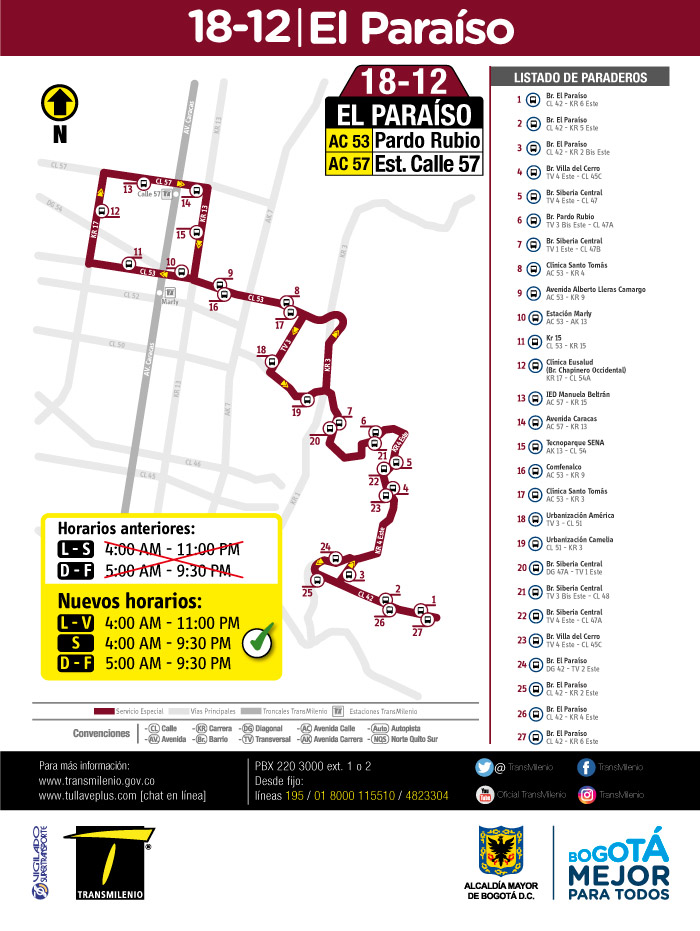 Mapa con el nuevo horario de la ruta especial 18-12