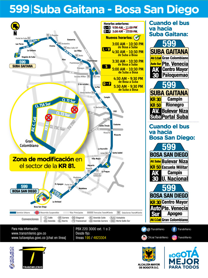 Mapa de la ruta urbana 599 a partir del 16 de julio de 2018