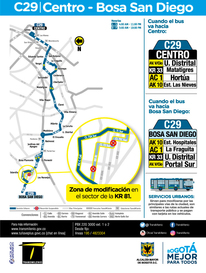 Mapa de la ruta urbana C29 a partir del 16 de julio de 2018