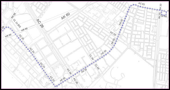 Mapa del desvío por la  Av. Carrera 68 sentido Sur