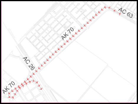 Mapa del desvío por la Carrera 69 a Av. Calle 63 sentido Occidente - Oriente