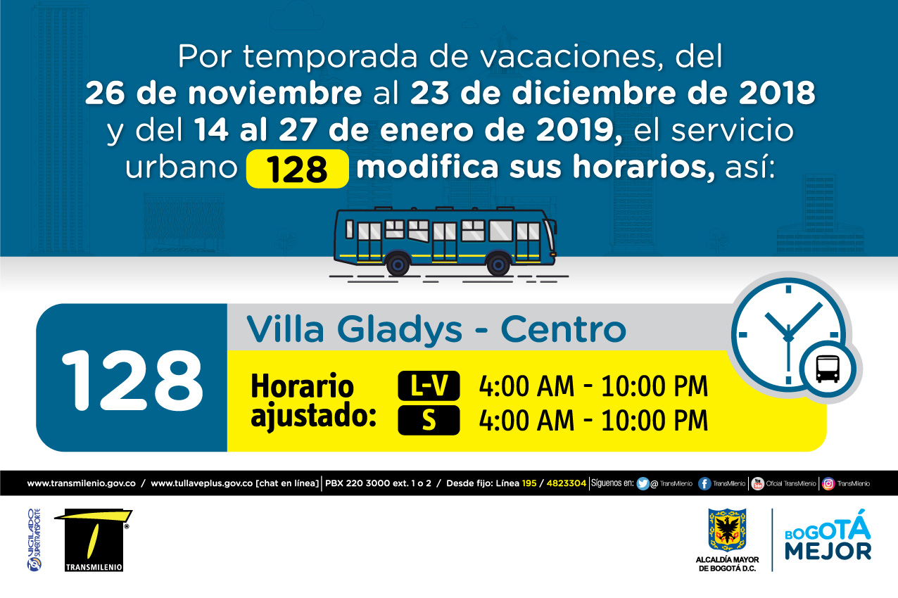 Horario ruta 128 de Lunes a viernes 4:00 AM - 10:00 PM, Sábado 4:00 AM - 10:00PM